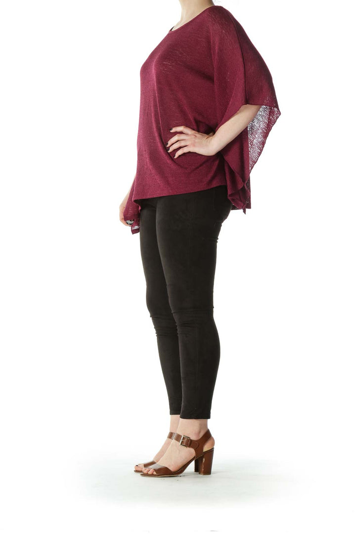 Burgundy Flared-Sleeves See-Through-Knit Top