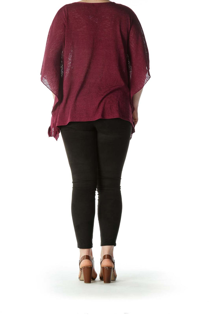 Burgundy Flared-Sleeves See-Through-Knit Top