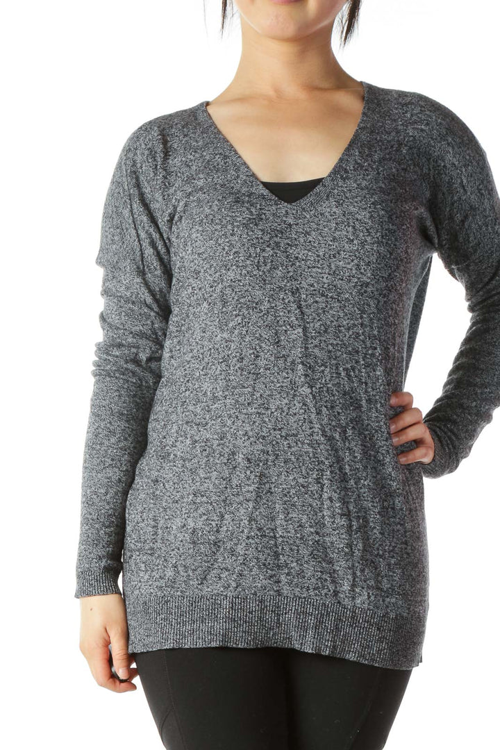 Gray Wool-Blend Mottled V-Neck Slim-Sleeves Sweater