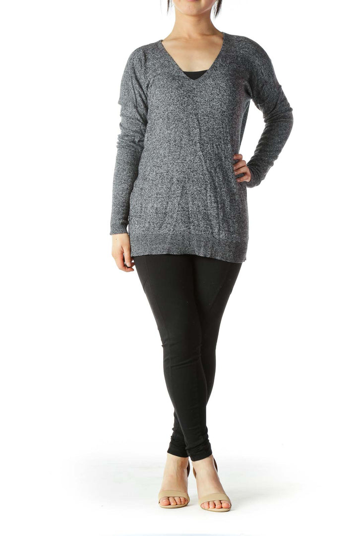 Gray Wool-Blend Mottled V-Neck Slim-Sleeves Sweater