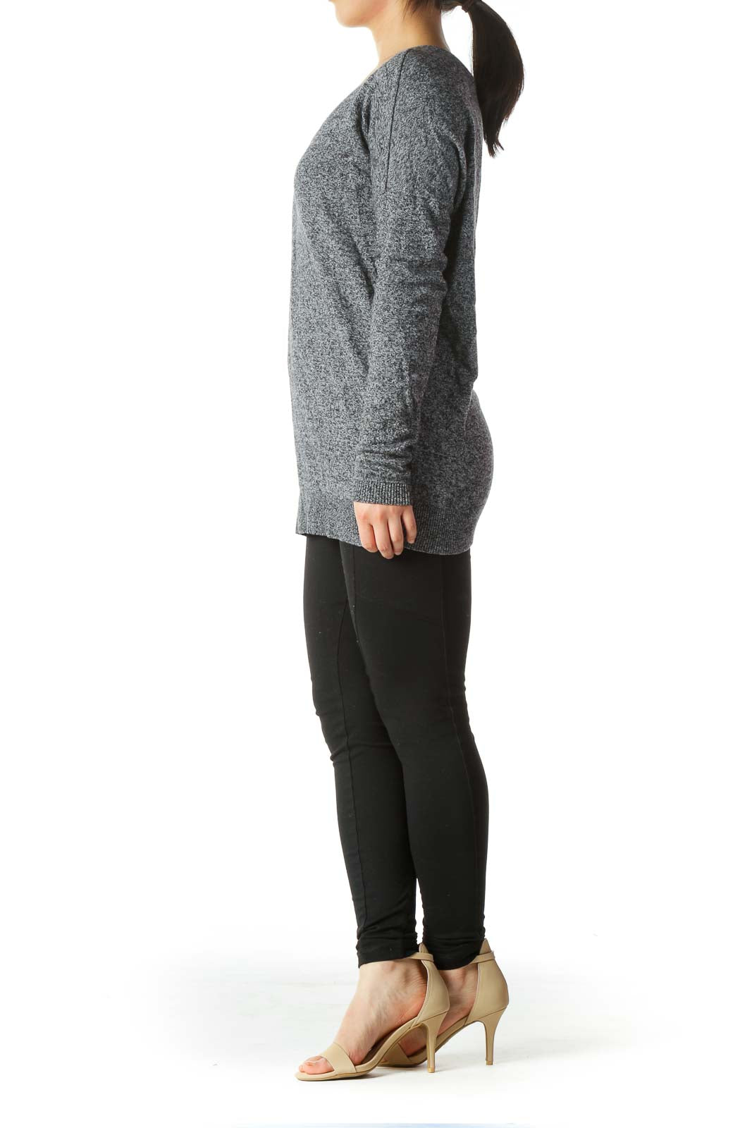 Gray Wool-Blend Mottled V-Neck Slim-Sleeves Sweater