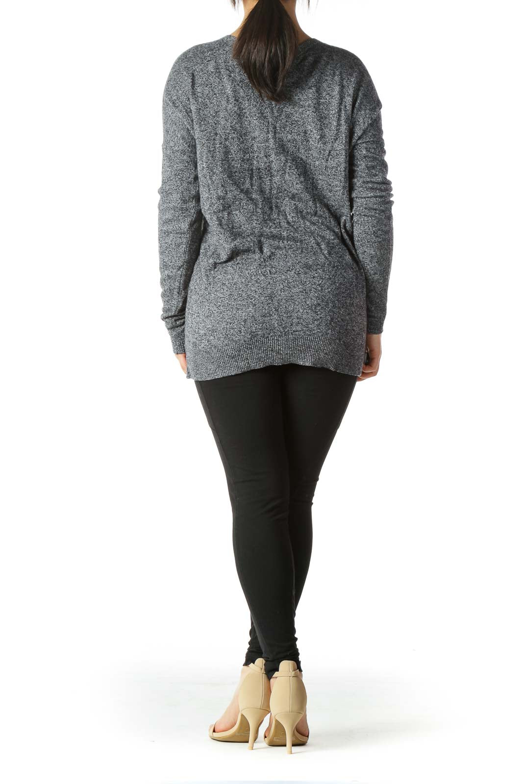 Gray Wool-Blend Mottled V-Neck Slim-Sleeves Sweater