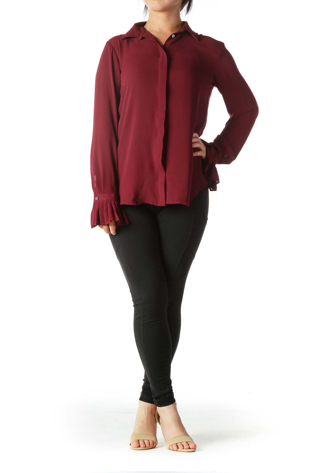 Burgundy Buttoned Flared-Sleeves Shirt