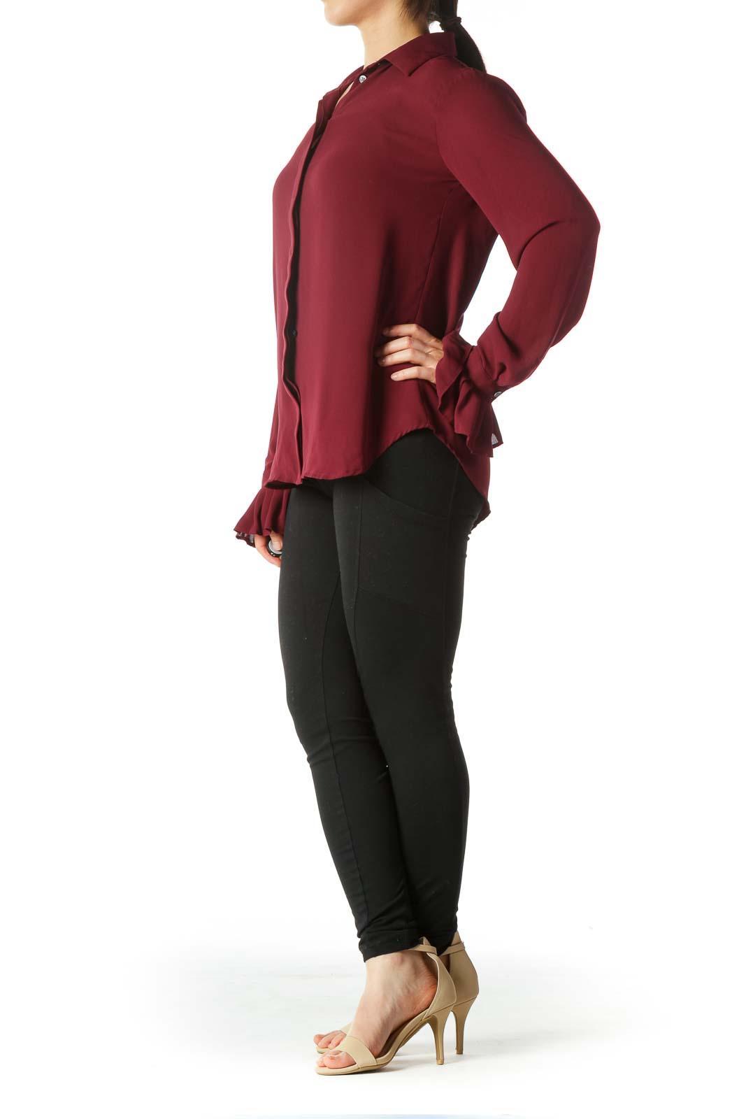 Burgundy Buttoned Flared-Sleeves Shirt