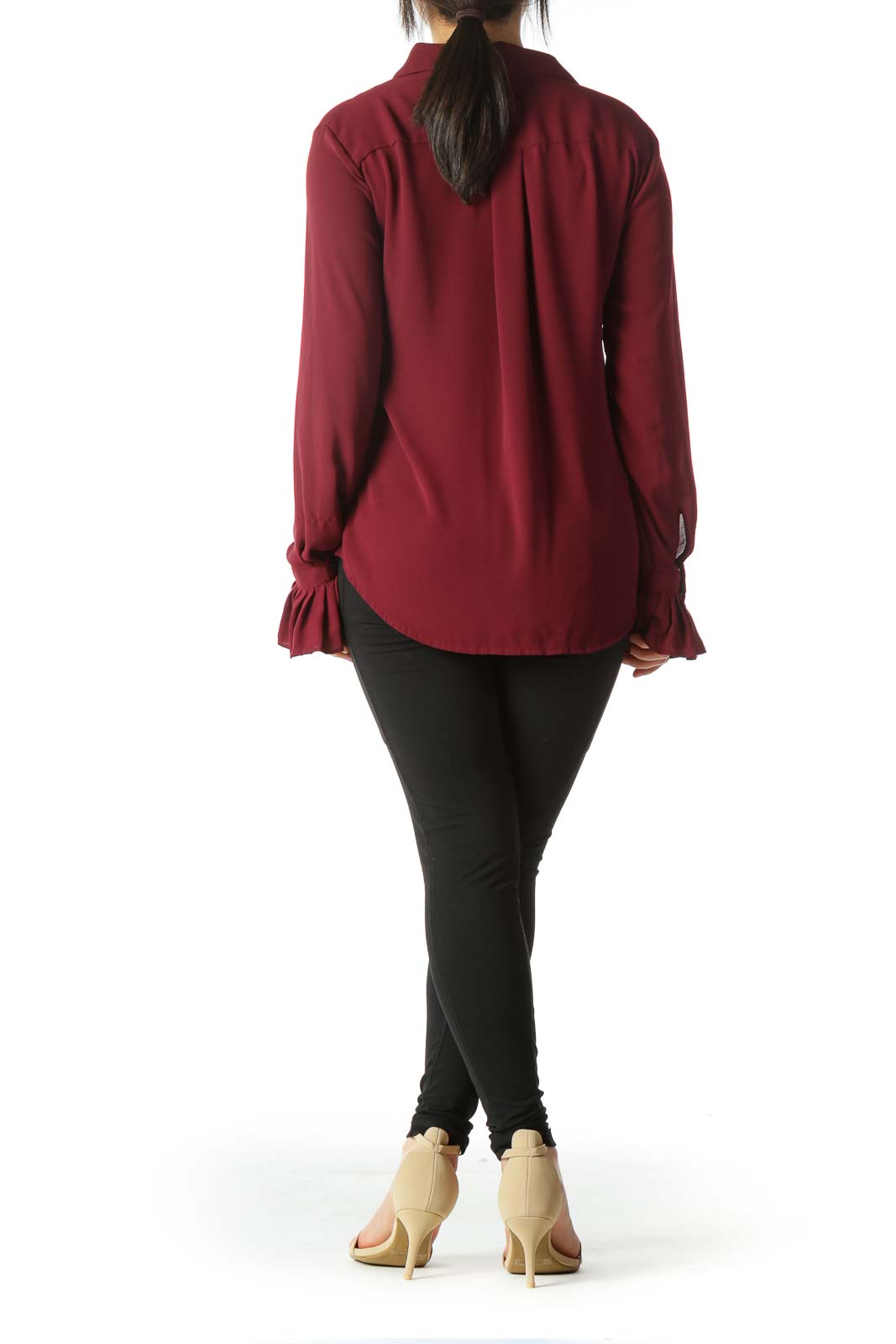 Burgundy Buttoned Flared-Sleeves Shirt