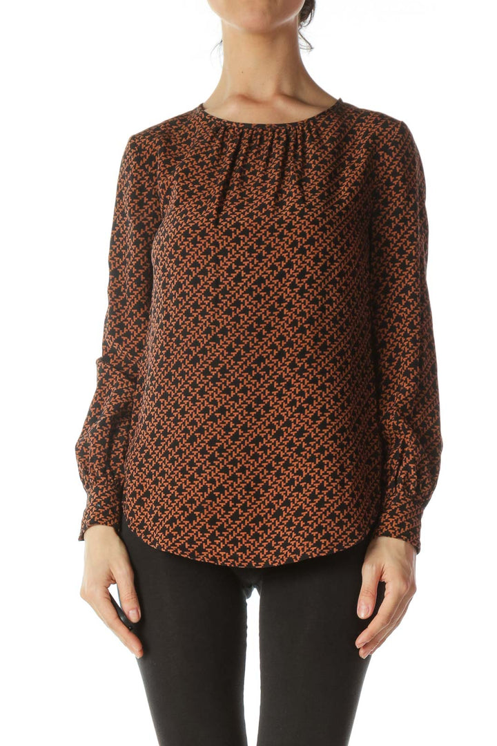 Black Brown 100% Silk Geometric-Print Blouse