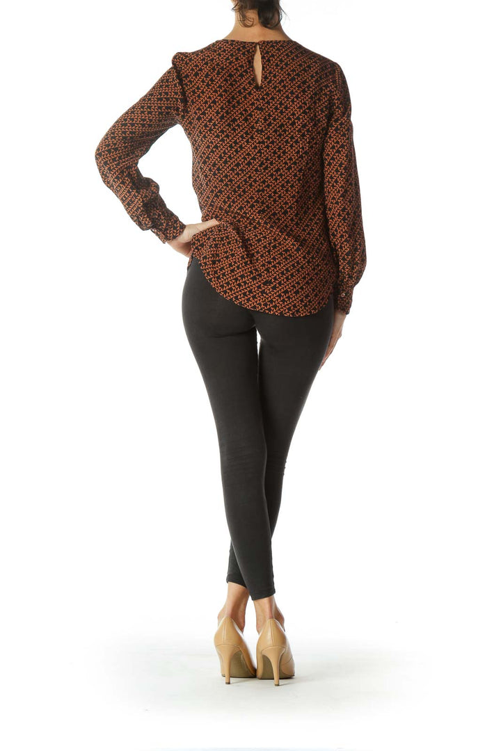 Black Brown 100% Silk Geometric-Print Blouse