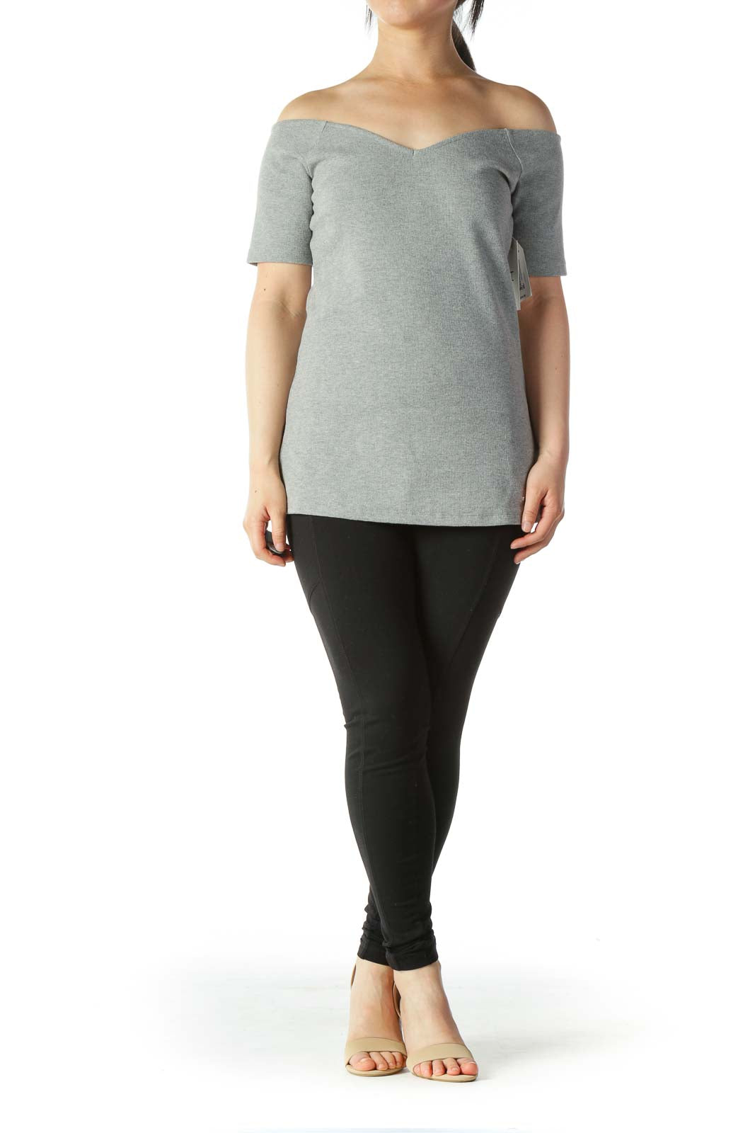 Gray V-Neck Cold Shoulders Stretch Top