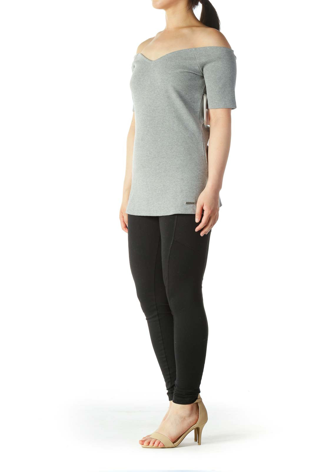 Gray V-Neck Cold Shoulders Stretch Top