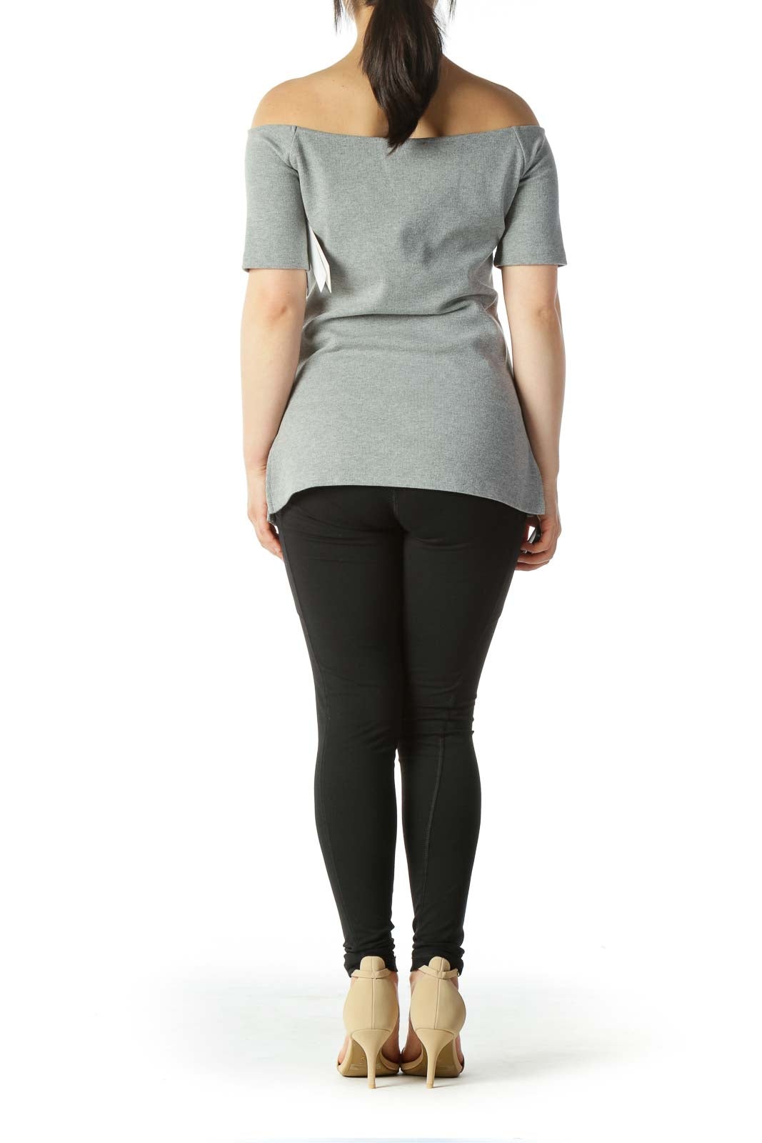 Gray V-Neck Cold Shoulders Stretch Top