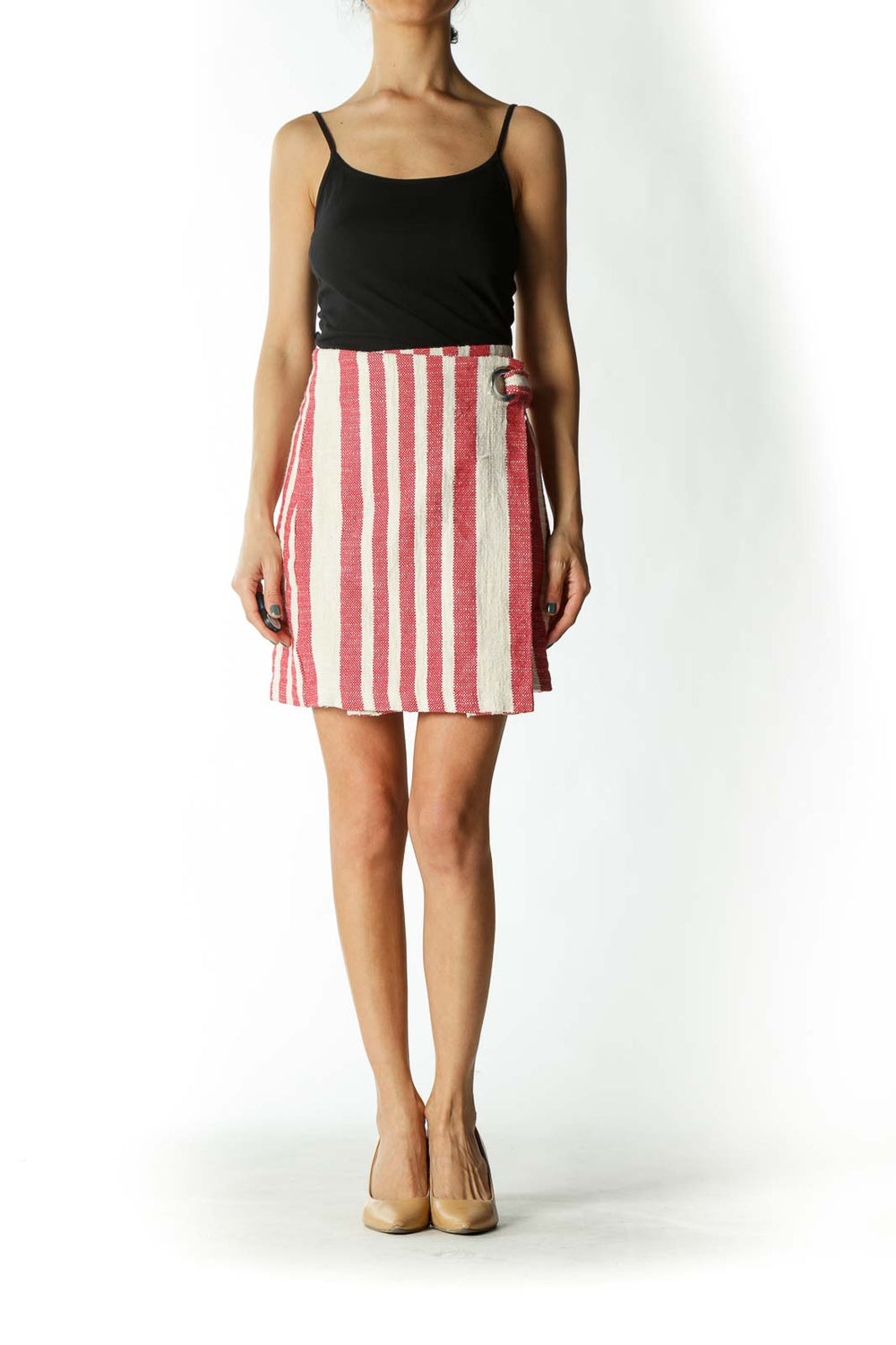 Front view of Red and White Striped Wrap Skirt from Free People