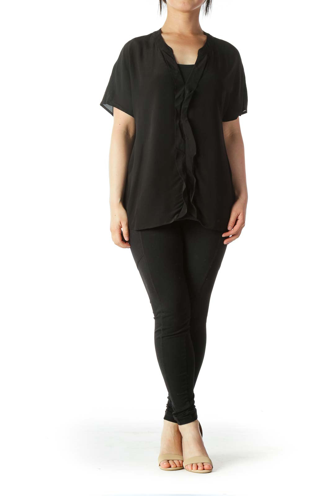 Black V-Neck Short-Sleeve Blouse