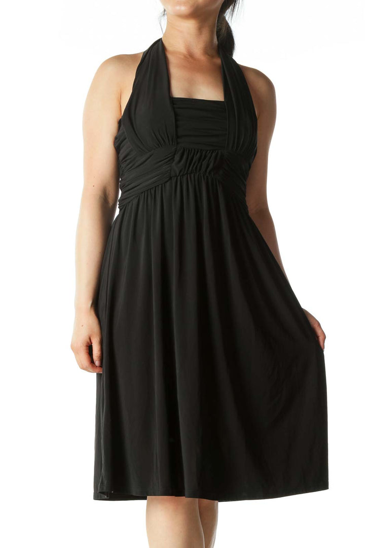 Black Stretch Scrunched Halter-Neck Cocktail Dress