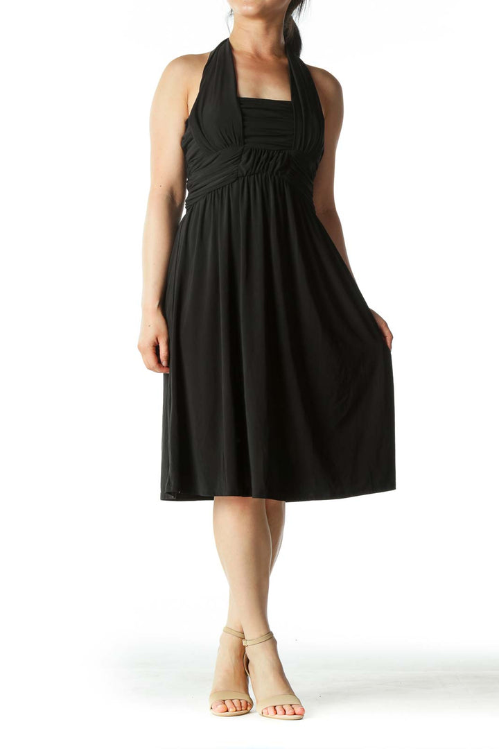 Black Stretch Scrunched Halter-Neck Cocktail Dress