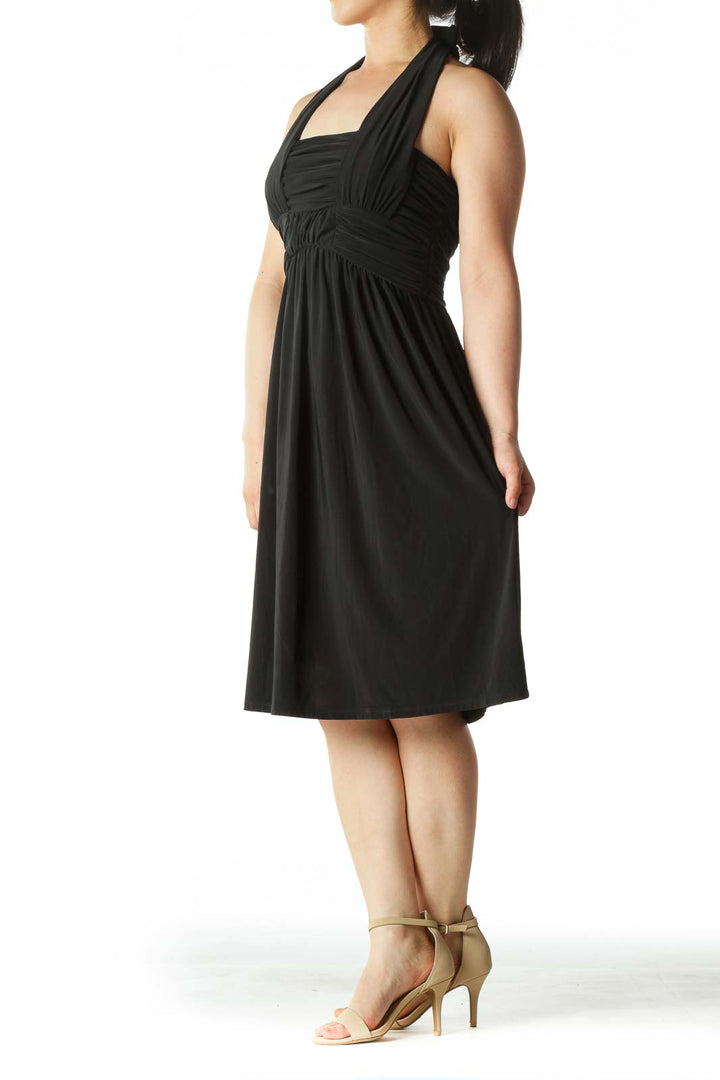 Black Stretch Scrunched Halter-Neck Cocktail Dress