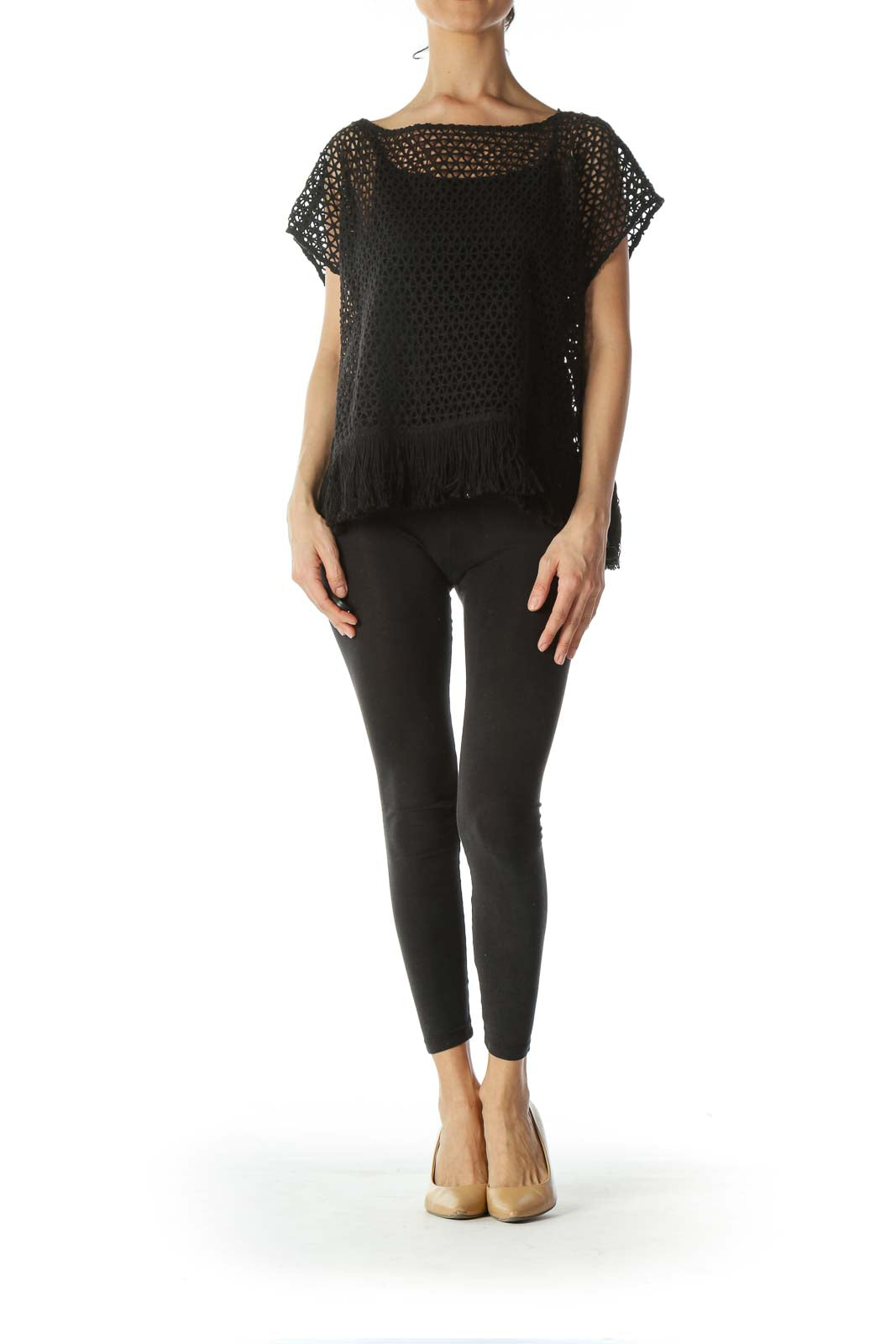 Black See-Through-Knit Waist-Fringe Top