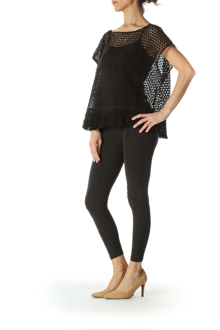 Black See-Through-Knit Waist-Fringe Top