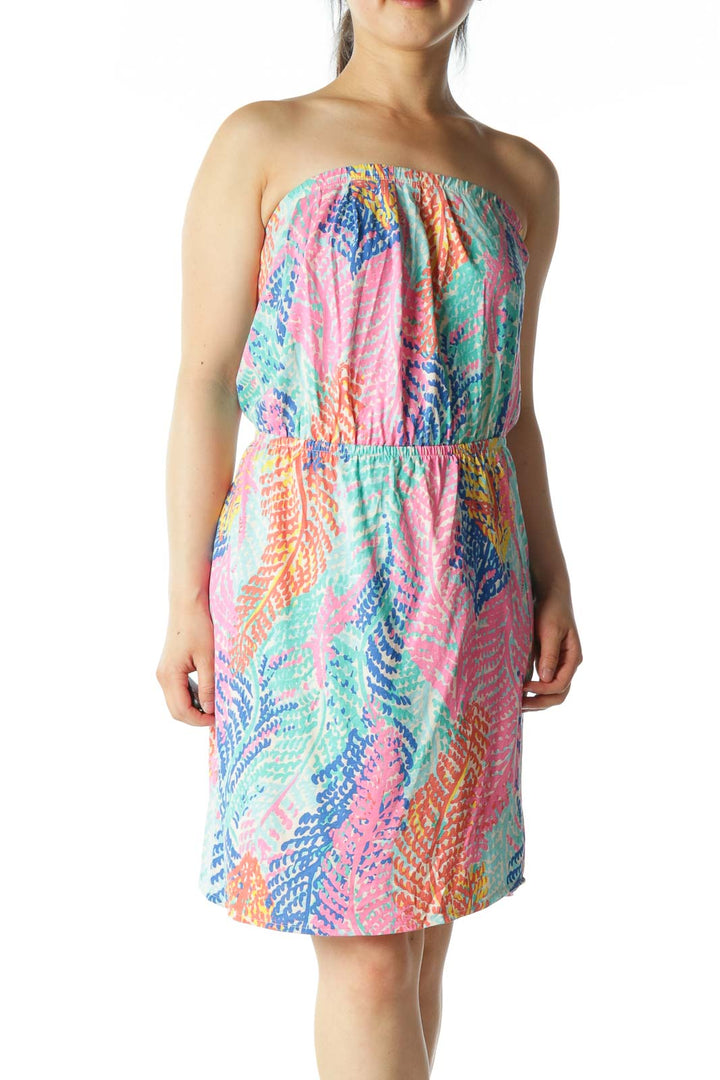 Multicolored 100% Pima Cotton Strapless Cinched-Waist Day Dress