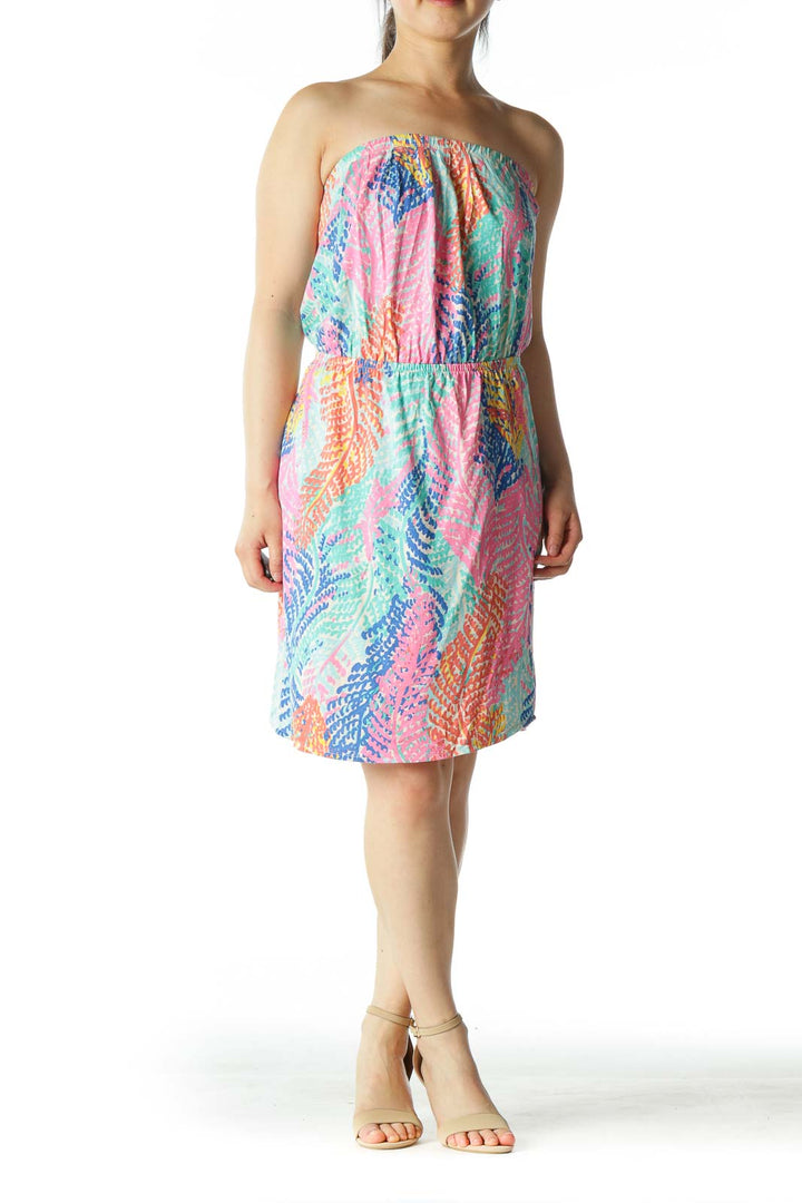 Multicolored 100% Pima Cotton Strapless Cinched-Waist Day Dress