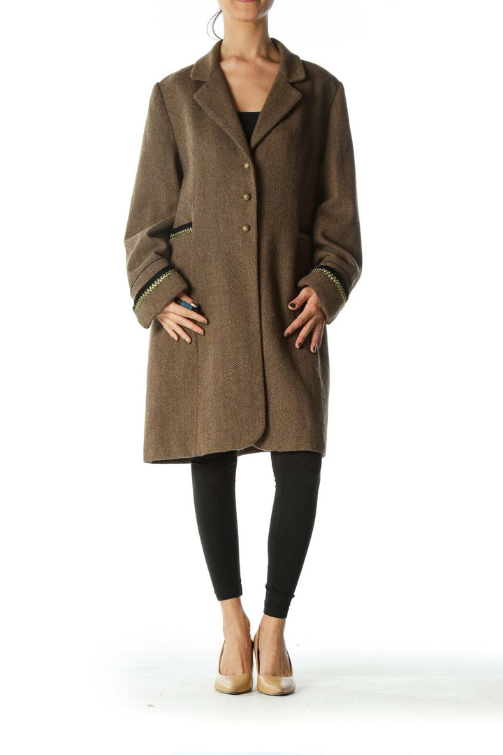 Brown Black Harringbone Metallic and Velvet Accents Coat