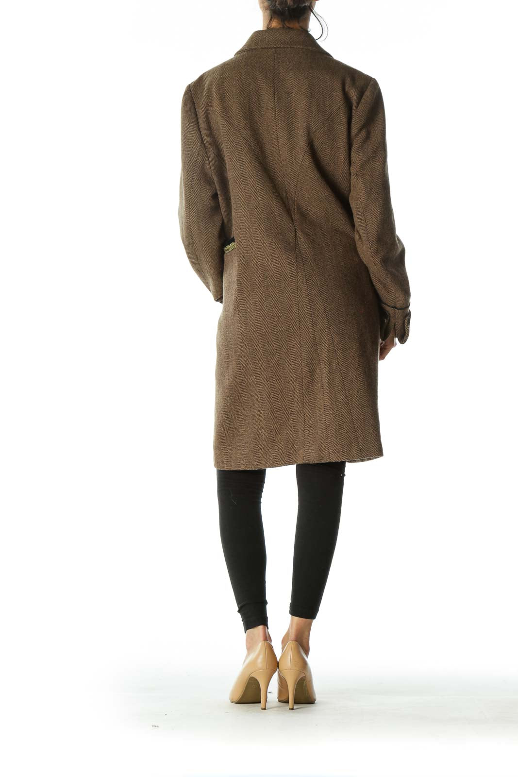 Brown Black Harringbone Metallic and Velvet Accents Coat