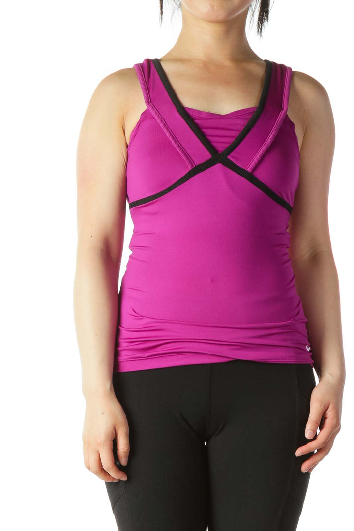 Purple Black Mesh-Trim Sports Top with Built-In Bra