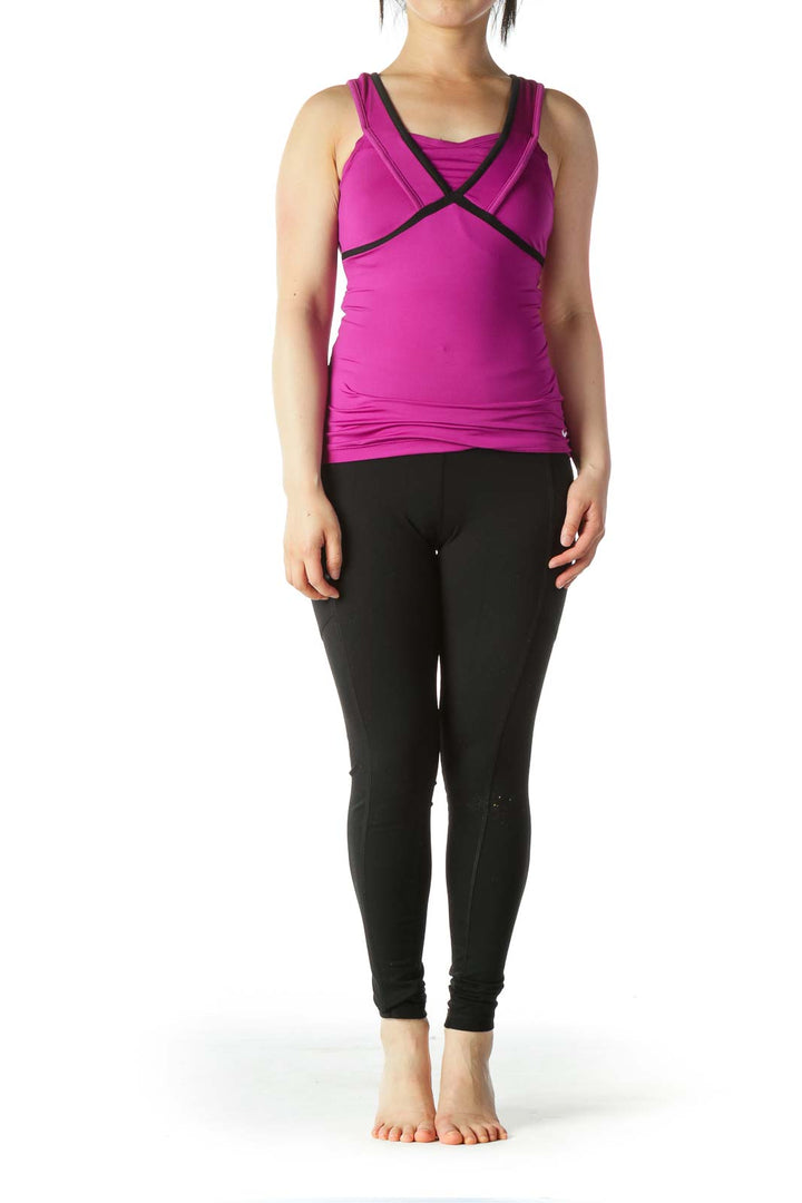 Purple Black Mesh-Trim Sports Top with Built-In Bra