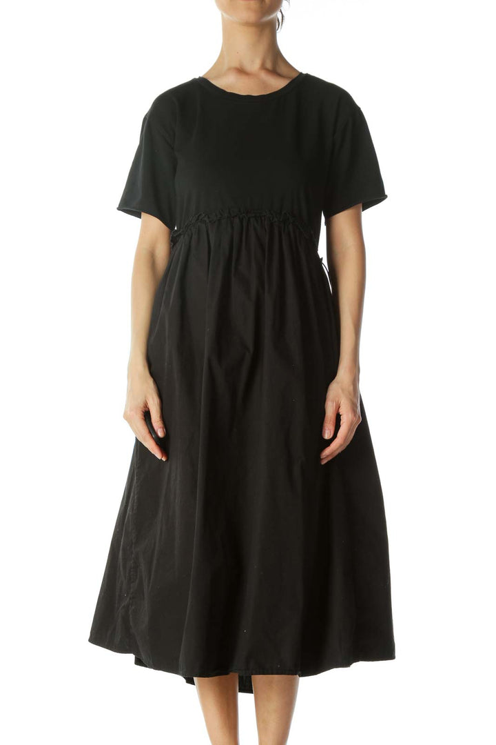 Black 100% Cotton Mixed-Media Elastic-Waist-Detail Dress