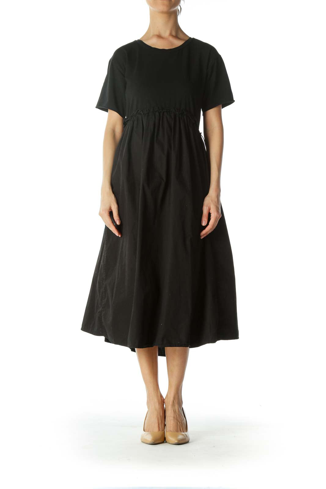 Black 100% Cotton Mixed-Media Elastic-Waist-Detail Dress