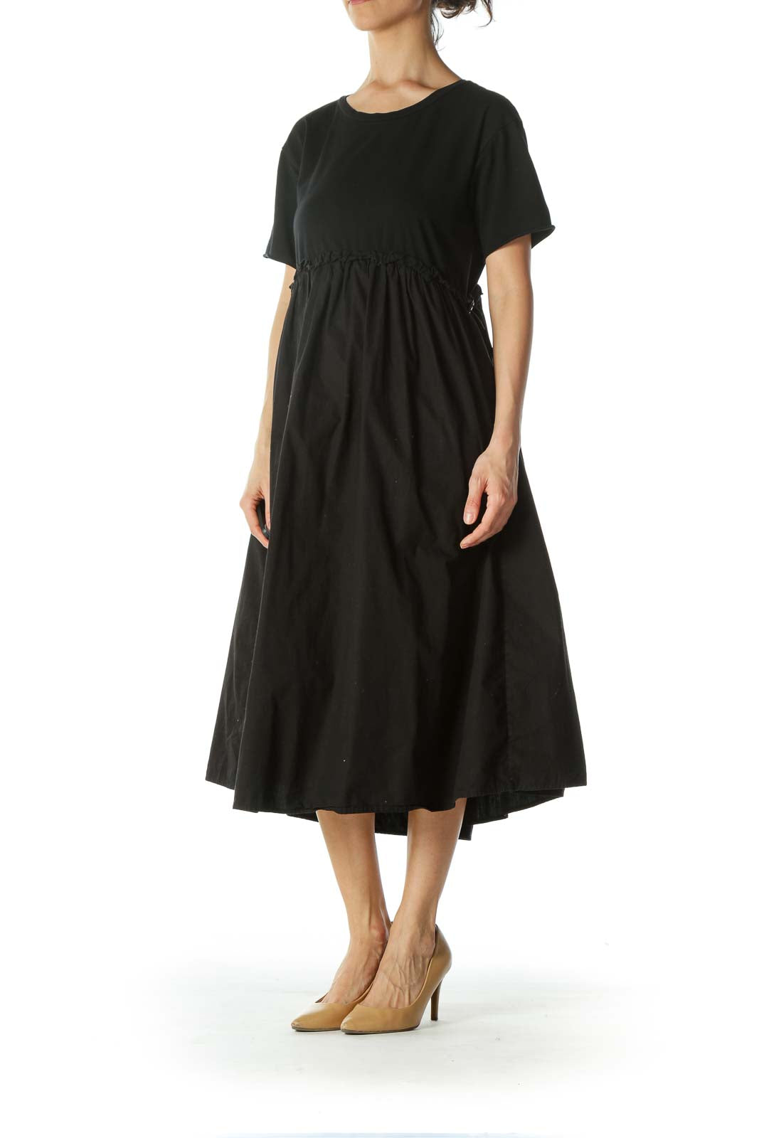 Black 100% Cotton Mixed-Media Elastic-Waist-Detail Dress