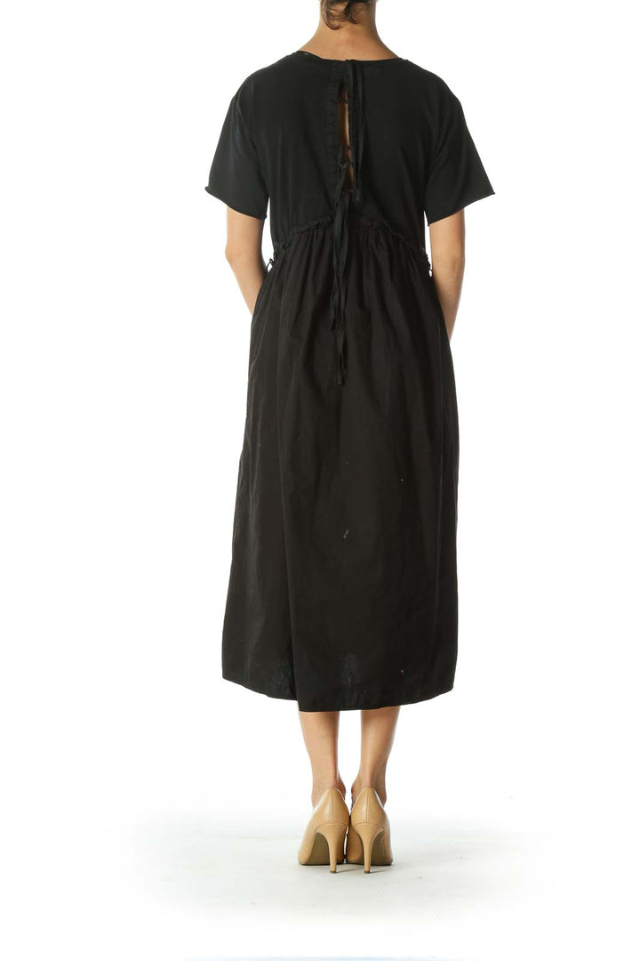 Black 100% Cotton Mixed-Media Elastic-Waist-Detail Dress