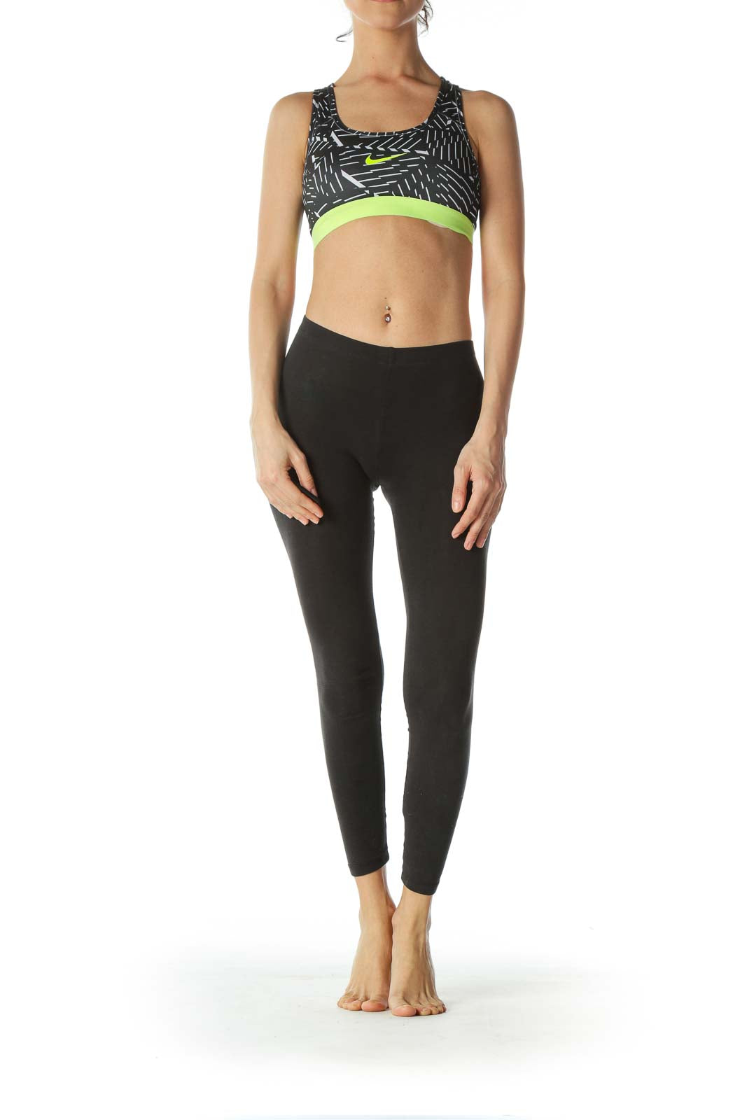 Black White Fluorescent-Yellow Printed Sports Bra