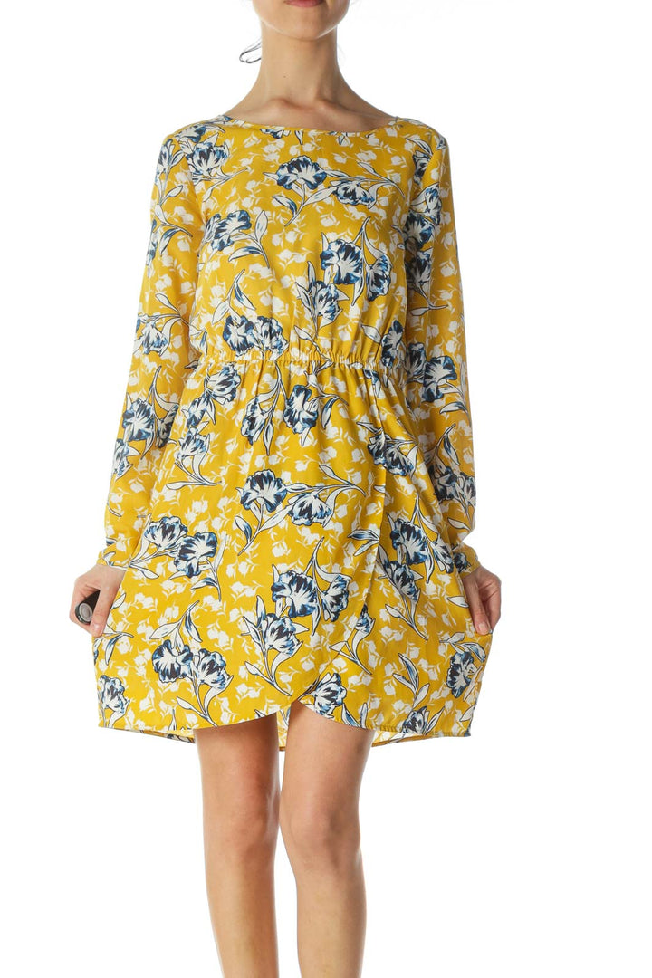 Yellow Floral Long-Sleeve Flared Day dress