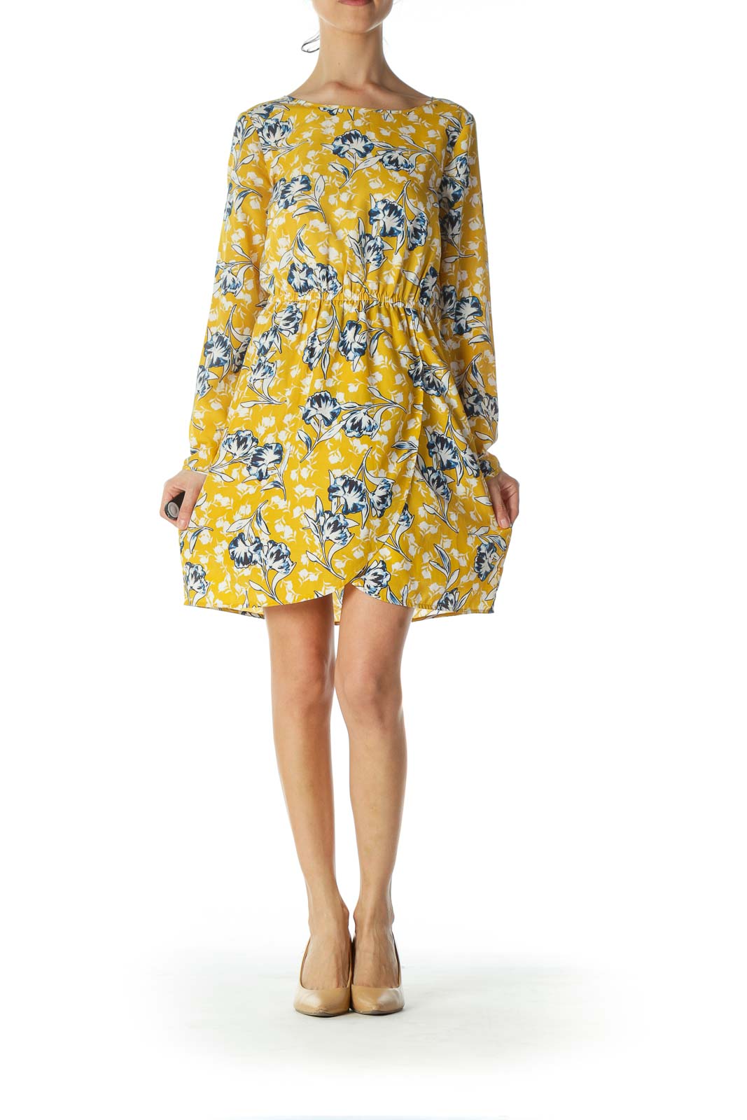 Yellow Floral Long-Sleeve Flared Day dress