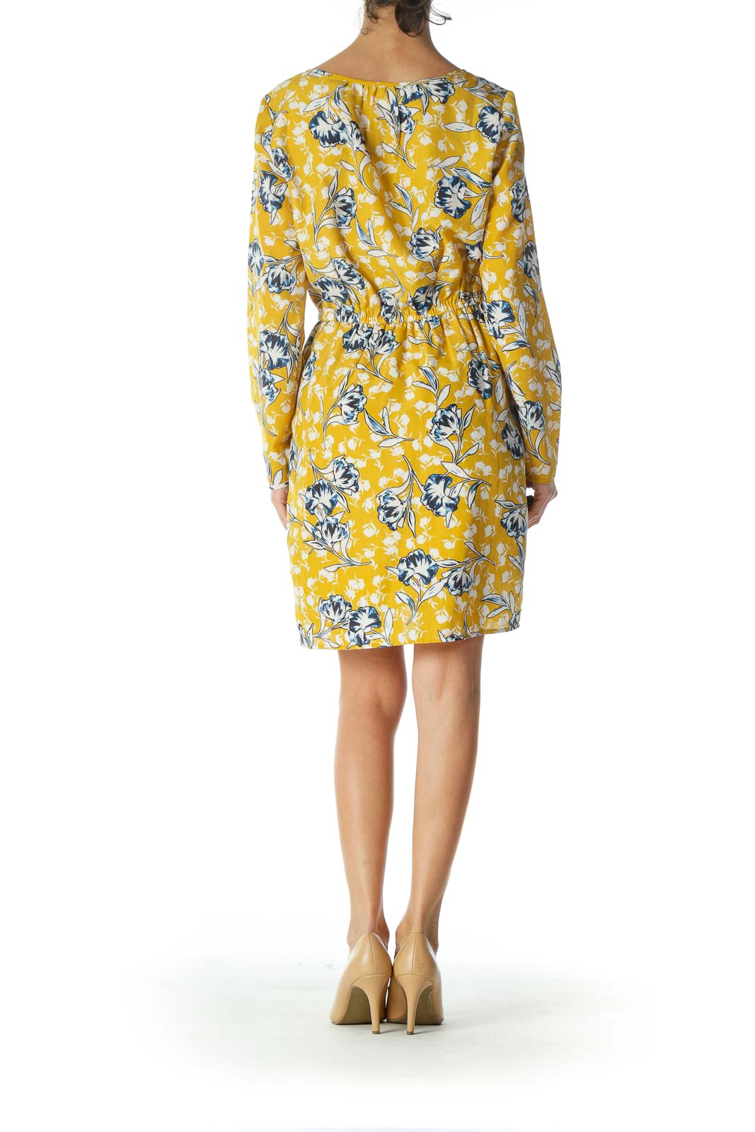 Yellow Floral Long-Sleeve Flared Day dress