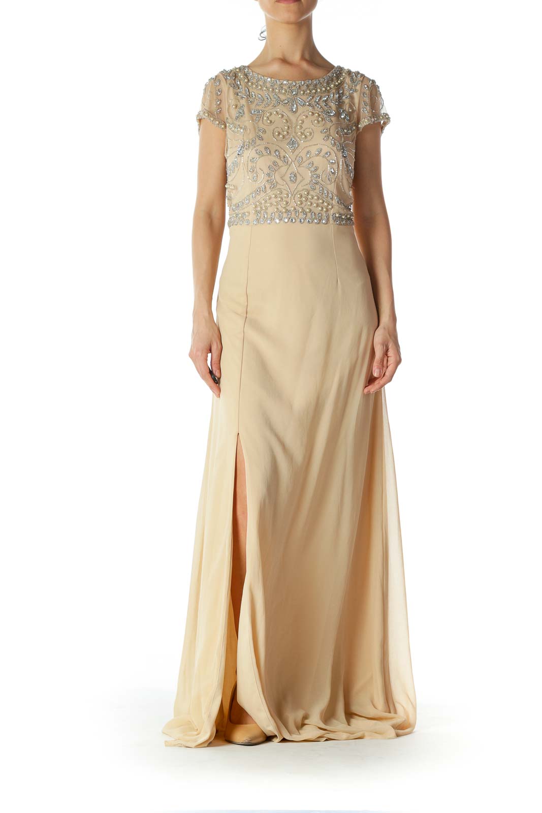 Beige Embellished-Upper Lace Evening Dress