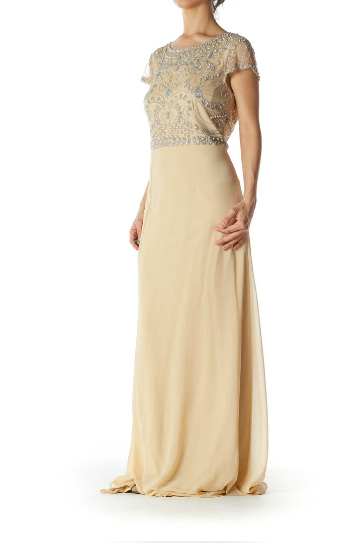 Beige Embellished-Upper Lace Evening Dress