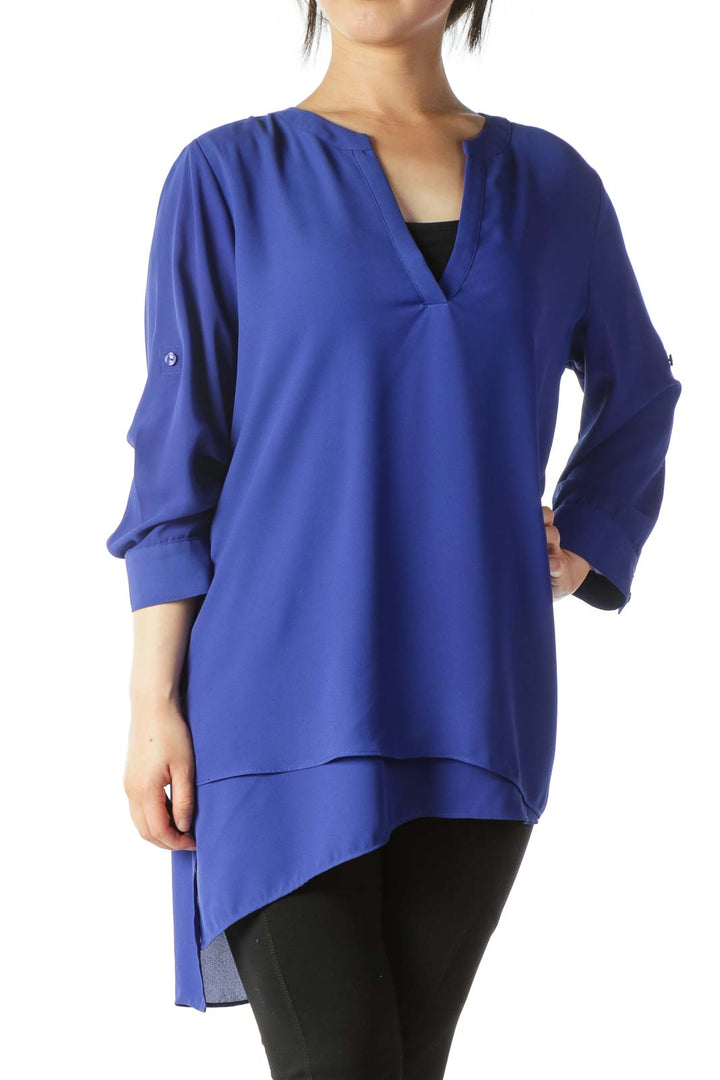 Royal Blue V-Neck 3/4-Sleeve Long Blouse