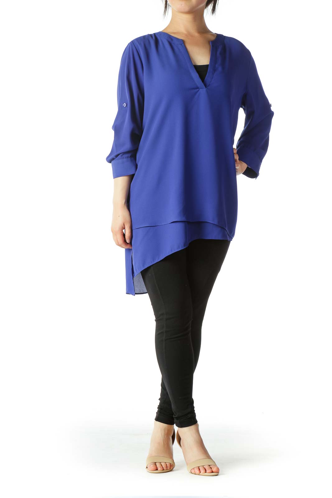 Royal Blue V-Neck 3/4-Sleeve Long Blouse