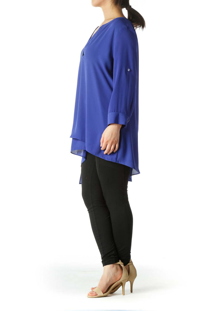 Royal Blue V-Neck 3/4-Sleeve Long Blouse