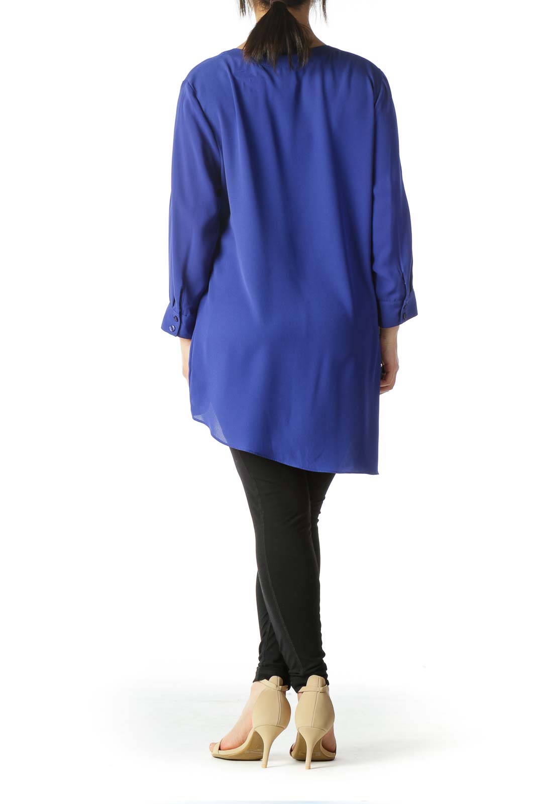 Royal Blue V-Neck 3/4-Sleeve Long Blouse