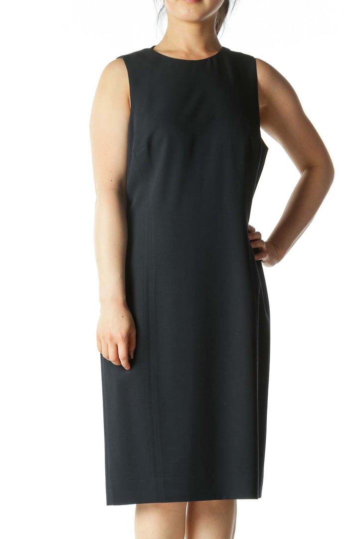 Navy-Blue Round-Neck Sleeveless Work Dress