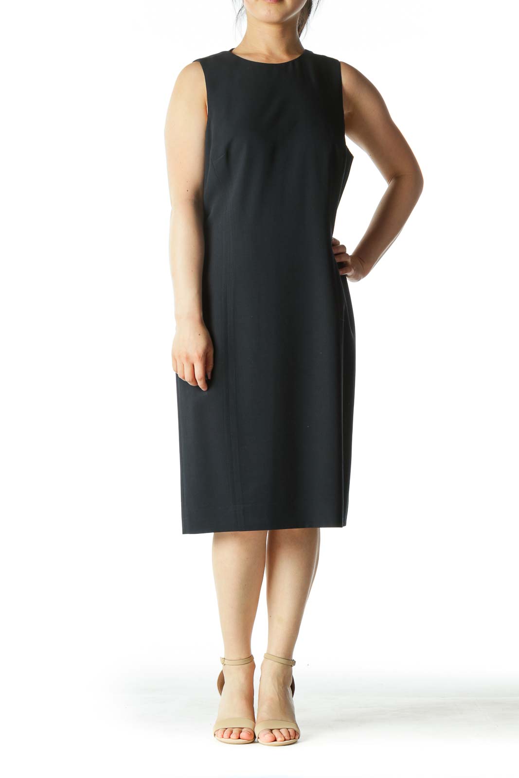 Navy-Blue Round-Neck Sleeveless Work Dress