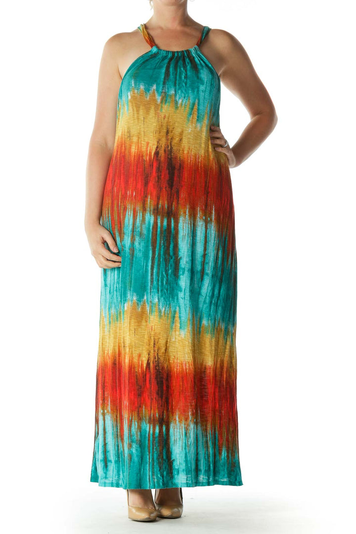 Multicolored Halter-Neckline Maxi Dress