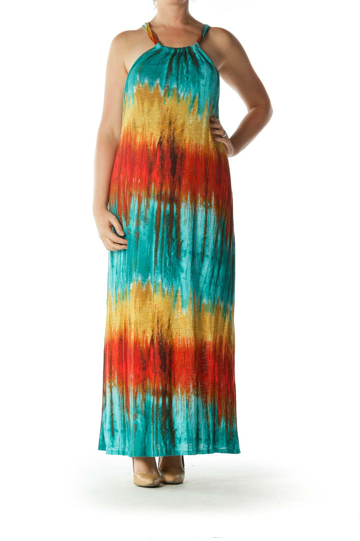 Multicolored Halter-Neckline Maxi Dress