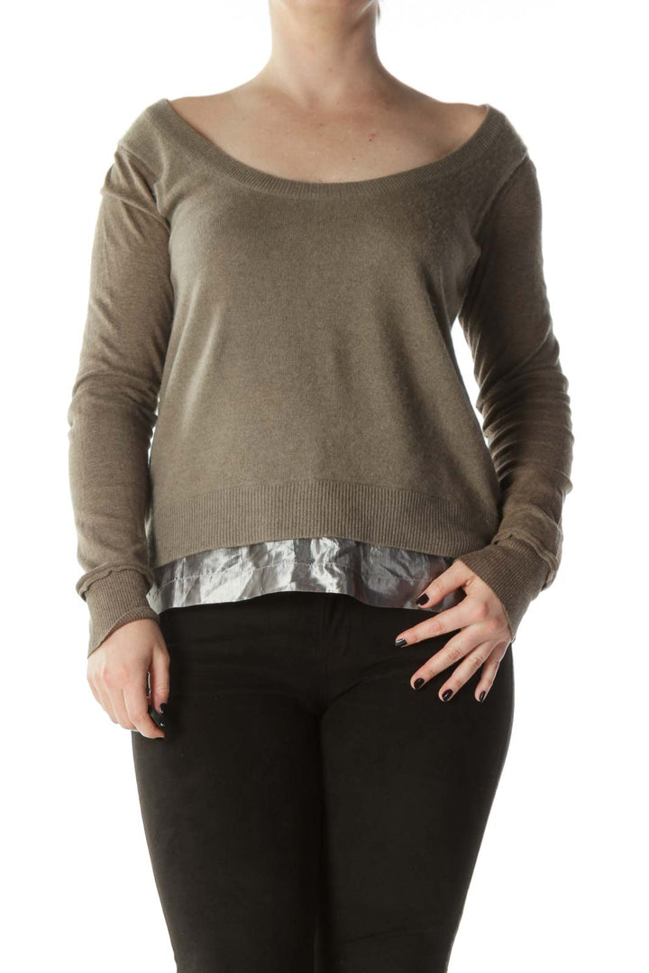 Beige Silver-Trim Cashmere and Cotton Knit Top