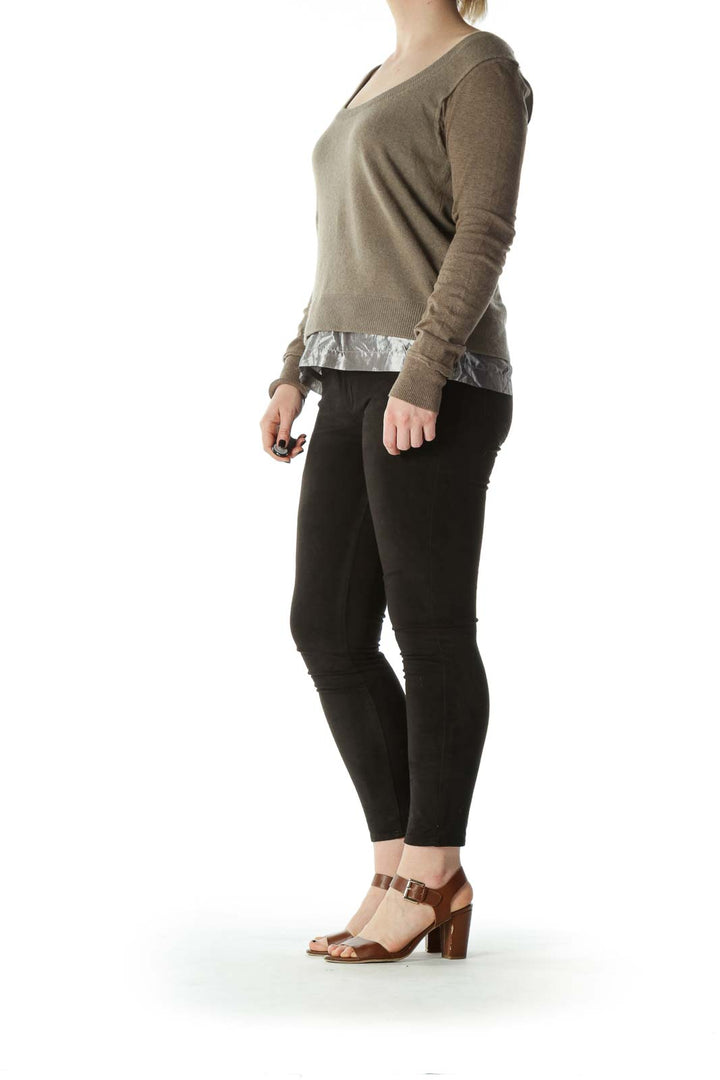 Beige Silver-Trim Cashmere and Cotton Knit Top