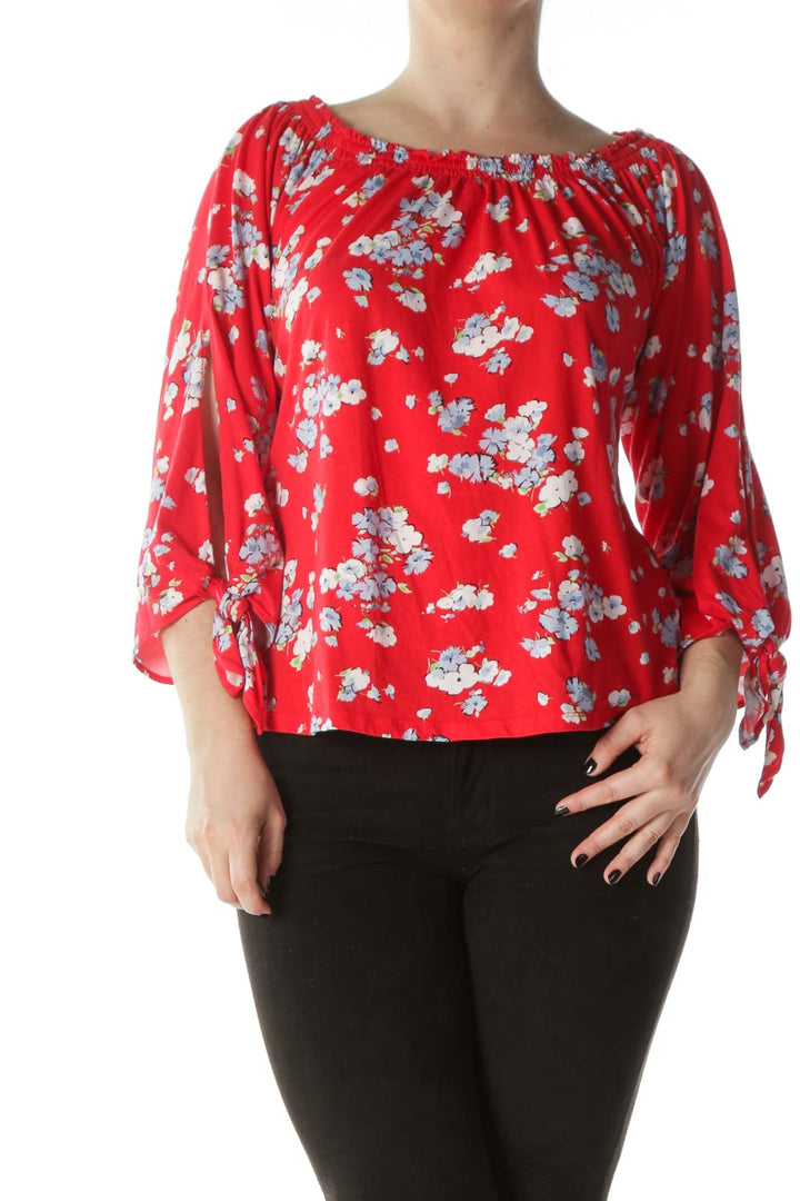 Multicolored 100% Cotton Floral Print Cold-Shoulder Top