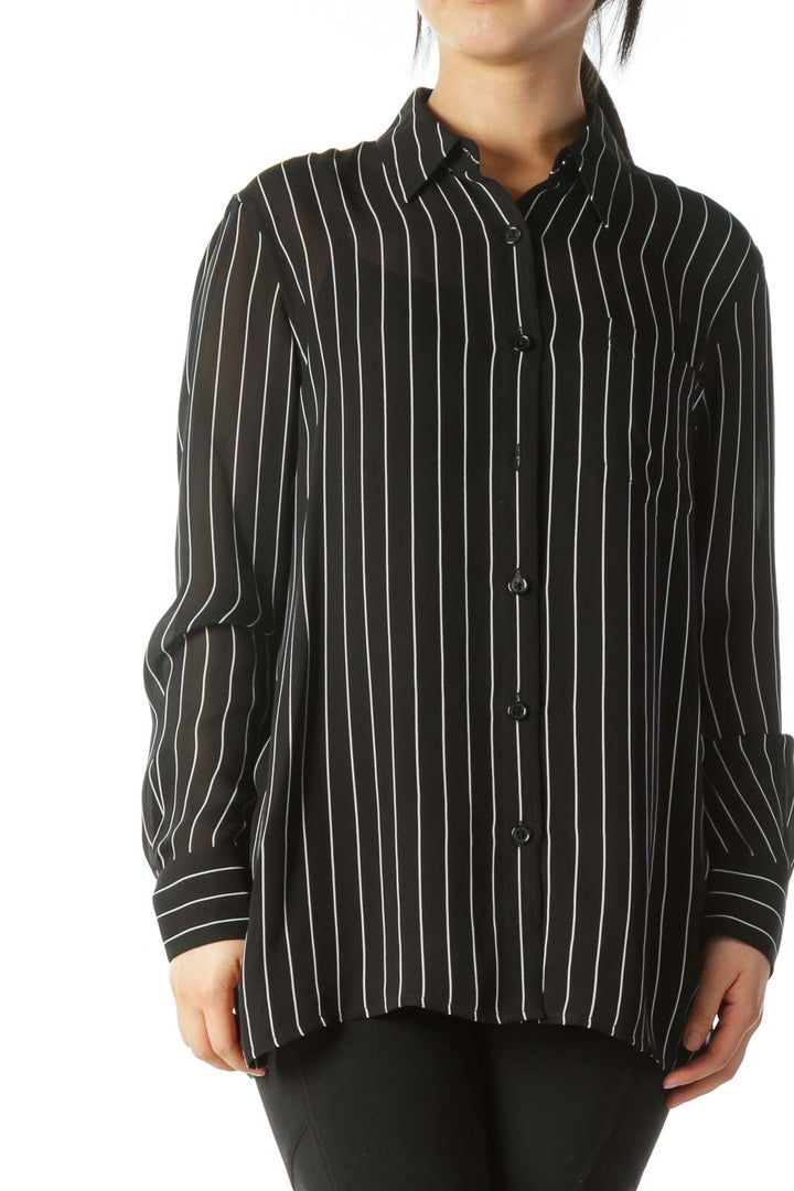 Black White Pinstripe 100% Silk Pocketed Shirt