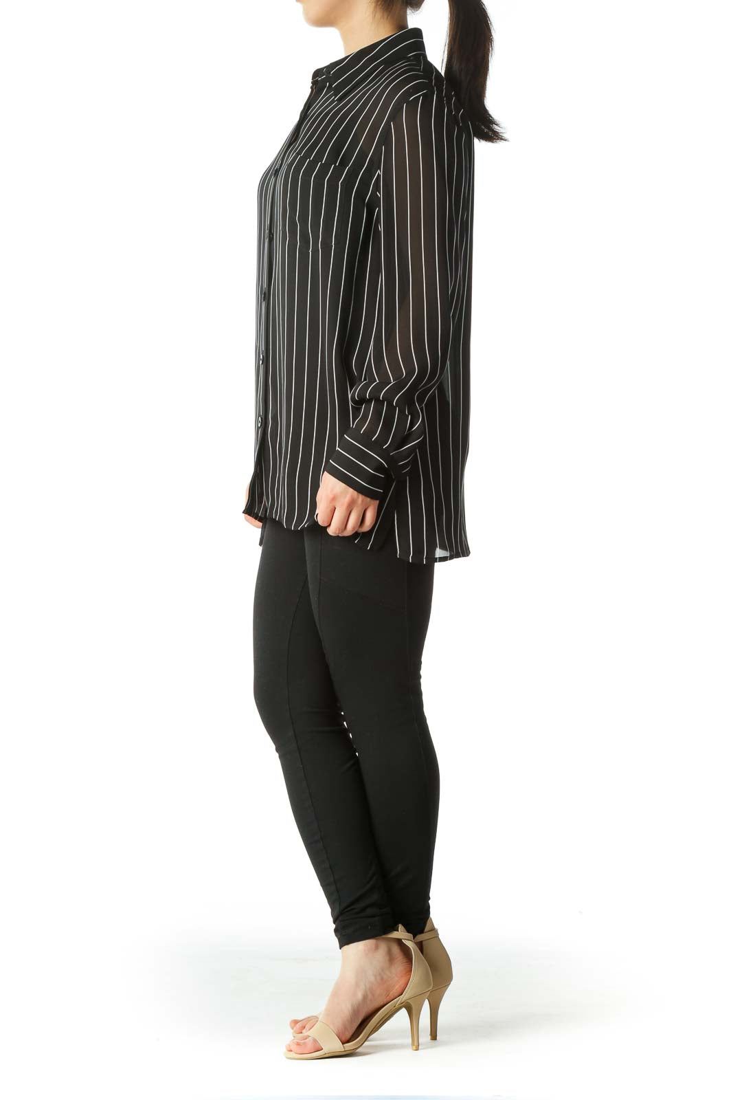 Black White Pinstripe 100% Silk Pocketed Shirt